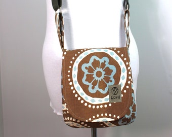 Upcycled Brown, Blue and White Small Messenger Crossbody