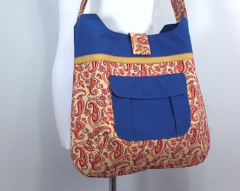 Upcycled Tan and Blue Paisley Large Shoulder Bag