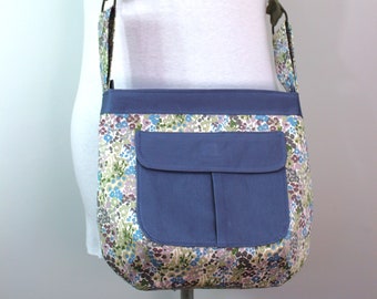 Upcycled  Blue, Purple, Gray and Green Floral Zippered Crossbody Purse