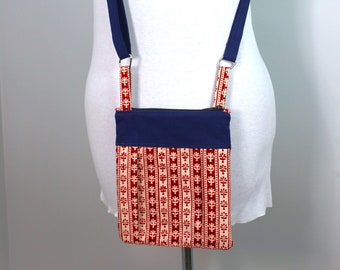 Upcycled Navy Blue, Red and Cream Small Zippered Pleated Purse