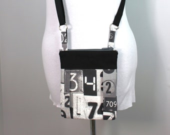 Upcycled Black and White Number Motif Small Zippered Pleated Purse