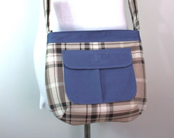 Upcycled Gray Plaid and Blue Zippered Crossbody Purse