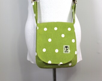 Upcycled Green with White Polka Dots Small Messenger Crossbody