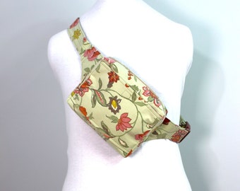 Upcycled Green and Rose Floral Hip Bag, Fanny Pack, Bum Bag