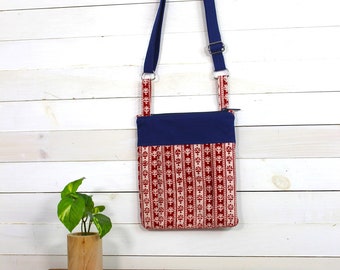 Upcycled Navy Blue, Red and Cream Small Zippered Pleated Purse