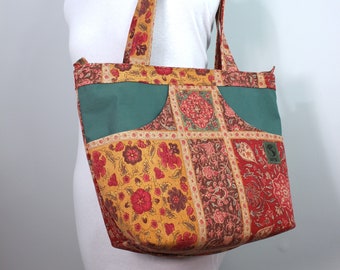 Upcycled Rose, Brown and Green Tapestry Style Zippered Tote