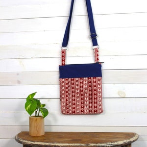 Upcycled Navy Blue, Red and Cream Small Zippered Pleated Purse image 1