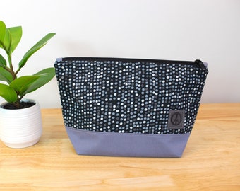 Upcycled Gray, Black and White Polka Dotted Zippered Project Bag, Make Up Bag, Storage Bag