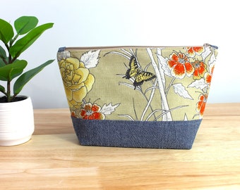 Upcycled Vintage Tan Floral Zippered Project Bag, Make Up Bag, Storage Bag