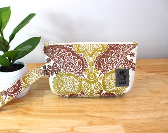 Upcycled Cream, Brown and Gold Zippered Wristlet