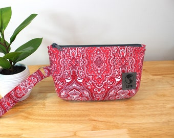 Upcycled Red and White Paisley Zippered Wristlet
