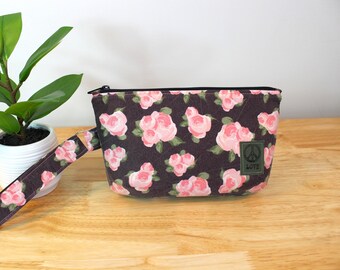Upcycled Black with Roses Zippered Wristlet