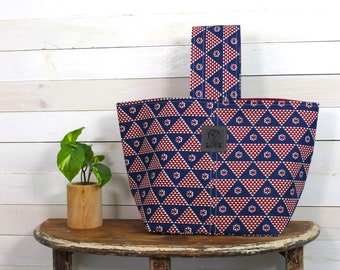 Upcycled Small Red and Navy Blue Market Tote, Project Tote