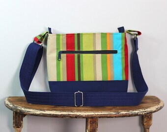 Upcycled  Navy Blue and Multicolored Striped Small Zippered Crossbody Purse