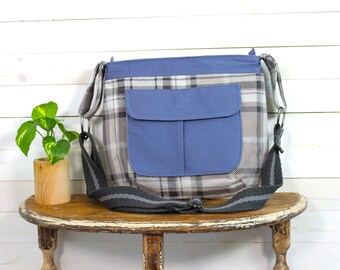 Upcycled Gray Plaid and Blue Zippered Crossbody Purse