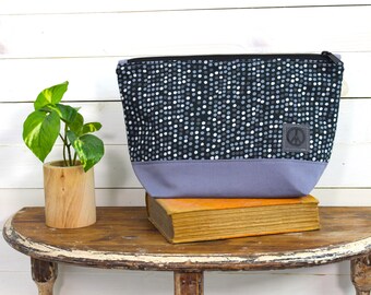 Upcycled Gray, Black and White Polka Dotted Zippered Project Bag, Make Up Bag, Storage Bag