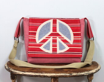 Upcycled Pink and Red Striped Peace Sign Messenger Bag