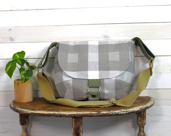 Upcycled Grey and White Plaid Crossbody Messenger Purse