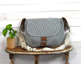 Upcycled Grey and Cream Zig Zag Patterned Crossbody Messenger Purse