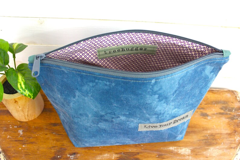 Upcycled Tie-dye Teal Zippered Project Bag, Make Up Bag, Storage Bag image 3