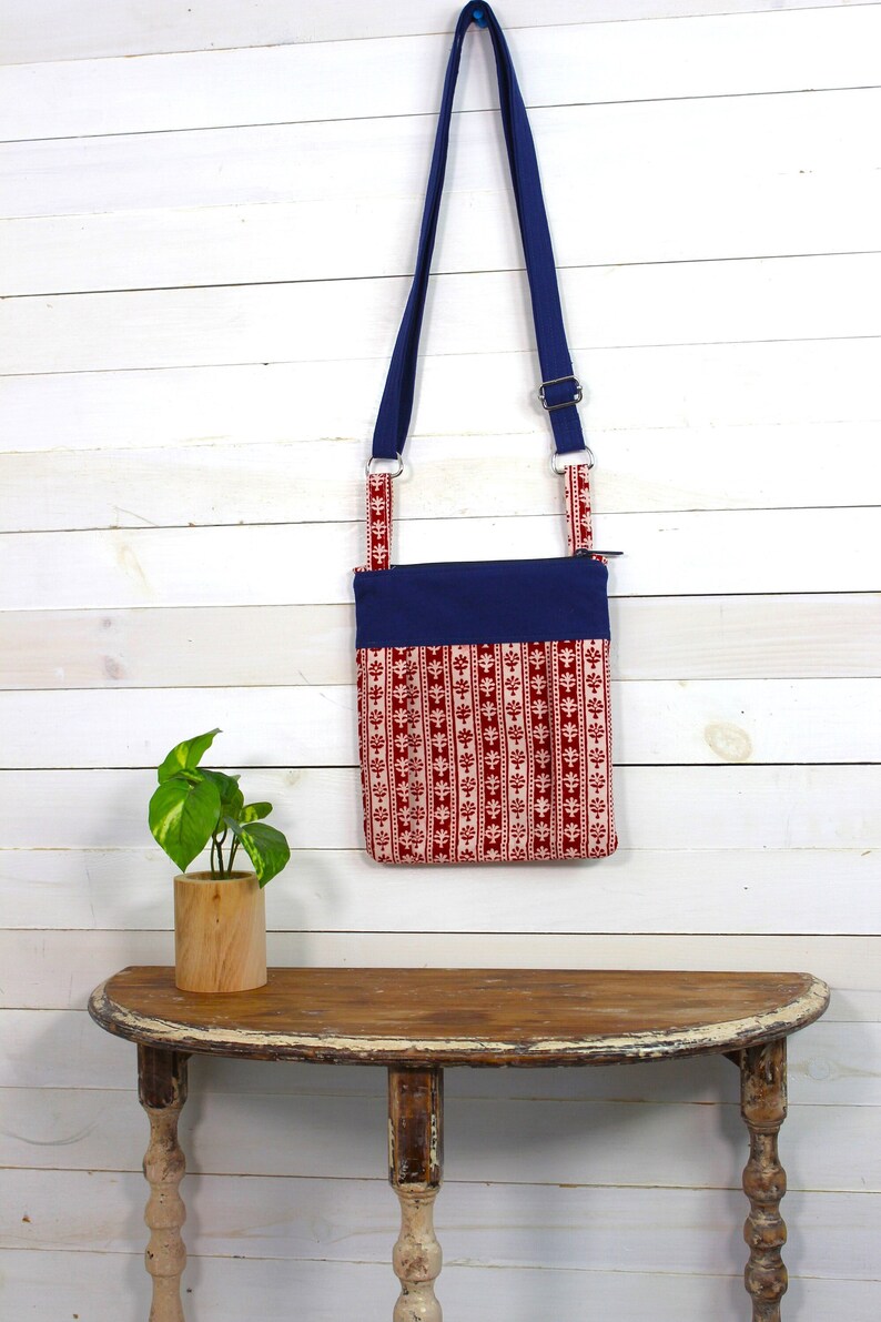 Upcycled Navy Blue, Red and Cream Small Zippered Pleated Purse image 1