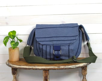 Upcycled Navy Blue Striped Crossbody Messenger Purse