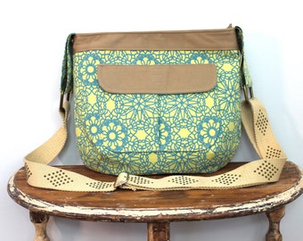 Upcycled Yellow and Aqua Patterned Zippered Crossbody Purse