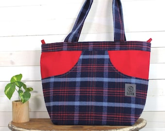 Upcycled Navy Blue and Red Plaid Large Zippered Tote