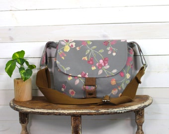 Upcycled Grey and Pink Floral Crossbody Messenger Purse