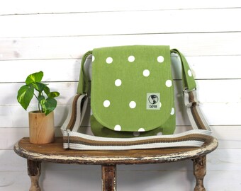 Upcycled Green with White Polka Dots Small Messenger Crossbody