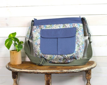 Upcycled  Blue, Purple, Gray and Green Floral Zippered Crossbody Purse