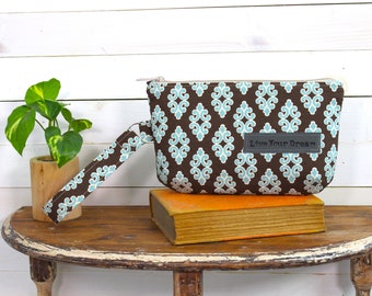 Upcycled Brown and Teal Zippered Wristlet