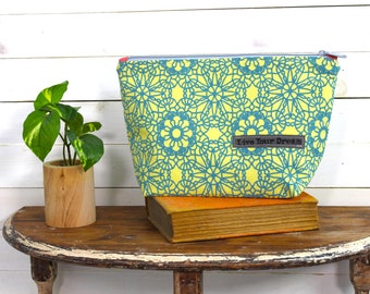 Upcycled Yellow and Teal Zippered Project Bag, Make Up Bag, Storage Bag