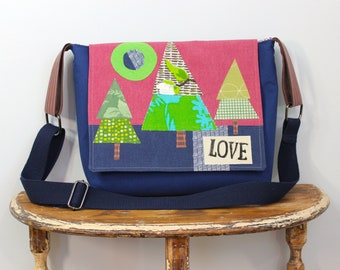 Upcycled Blue and Red Trees Messenger Bag