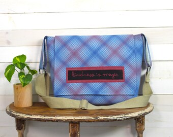 Upcycled Blue and Rose Plaid Messenger Bag