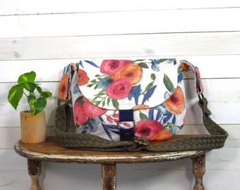 Upcycled Coral and Blue Floral Crossbody Messenger Purse