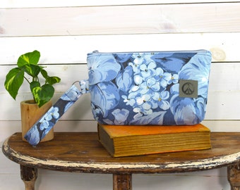 Upcycled Blue Floral Zippered Wristlet