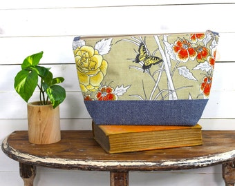 Upcycled Vintage Tan Floral Zippered Project Bag, Make Up Bag, Storage Bag