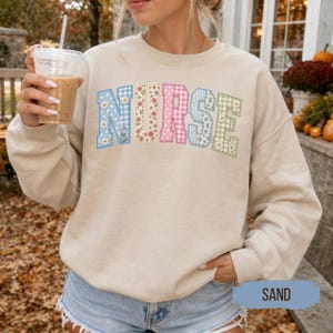 Custom Floral Nurse Sweatshirt, Personalized Nurse Sweatshirt, Nurse Appreciation Gift,  Faux Patchwork Nurse Shirt, RN Gift for Her