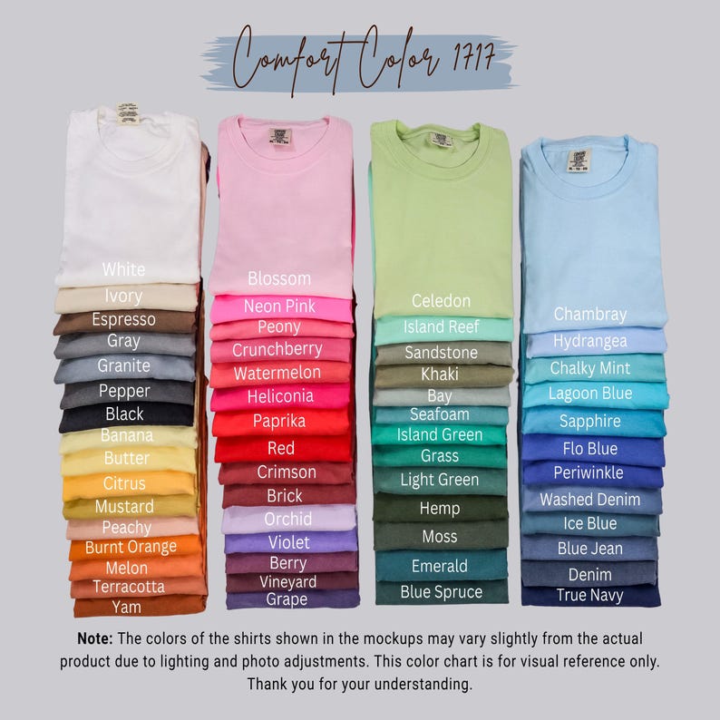 May include: A colour chart for Comfort Color 1717 t-shirts, displaying four vertical stacks of folded shirts in various shades. Each shirt is labelled with its specific colour name, ranging from white, pink, green, and blue tones to dark neutrals.