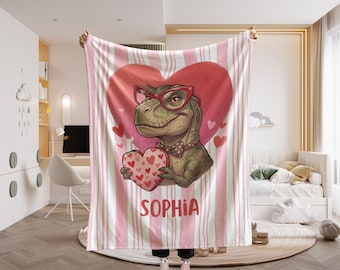 Personalized T-Rex Blanket for Kids, Custom Dinosaur Valentine Gift, Velveteen Plush Fleece Throw with Name