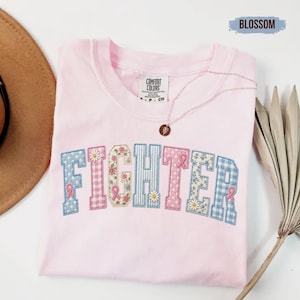 Fighter Shirt Cancer Awareness Faux Patchwork Comfort Colors Pink Ribbon Tee Cancer Survivor Gift