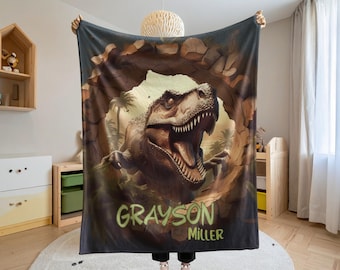 Personalized T-Rex Dinosaur Blanket Velveteen, Ultra-Soft Jurassic Birthday Gift