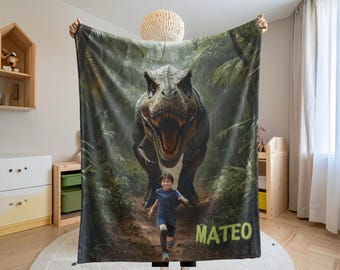Personalized Dinosaur Photo Blanket with Name, T-Rex Kids Throw, Custom Birthday Gift for Boy, Grandson