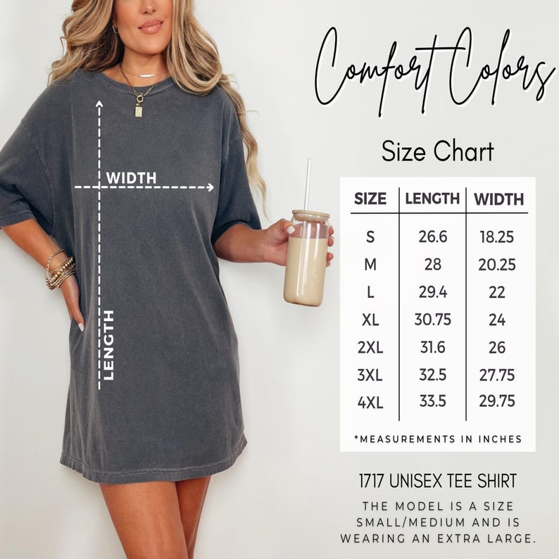 May include: A charcoal grey short-sleeve t-shirt with a size chart displaying length and width measurements in inches. The chart lists sizes from S to 4XL, with lengths ranging from 26.6 to 33.5 inches and widths from 18.25 to 29.75 inches for the 1717 unisex tee.