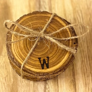 Personalized Wood Slice Burned Coasters Set of 4, Handmade Drink Coasters, Custom Letter Gift, Rustic, Wedding Gift, Christmas Gift