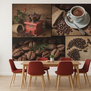 Photo wallpaper coffee collage 210 x 140 cm – wall wallpaper kitchen dining area, coffee decoration, cafe coffee cup & beans, 5-part, modern wall picture