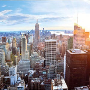 Fototapete New York City Skyline Wandbild Dekoration Sonnenuntergang Manhattan Amerika USA Deko Big Apple NYC Tapete Wandtapete (210x140 cm)