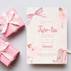 May include: A party invitation with the text "Our Girl is Two-tu Cute!" features a ballerina illustration. Two pink polka dot wrapped gifts with white ribbons and a bouquet of white flowers with a cream ribbon are also present.