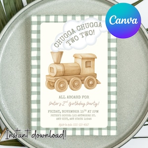 Könnte beinhalten: Eine Geburtstagseinladung mit einer Aquarellillustration einer Holzeisenbahn, dem Text "Chugga Chugga Two Two!" und Party-Details. Die Einladung hat einen grünen Vichy-Rand und die Worte "Sofort-Download!"
